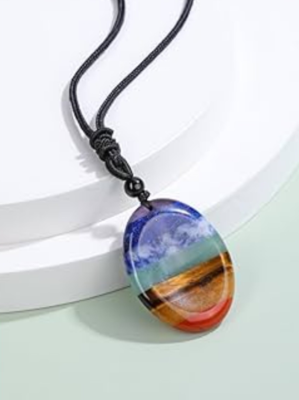 7 Chakra Multicolor Resin Oval Pendant Necklace - Contemporary Women Jewelry